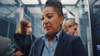 Close Up Portrait of a Middle Aged Woman Sneezes in a Crowded Glass Elevator in a Modern Office Building. Businesswoman Covers Her Face, but Other People Are Afraid to Catch the Virus in a Lift. - Powered by Adobe