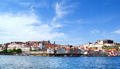 View of the historic area of the city of Porto from the Ribeira de Gaia. Skyline of Oporto.