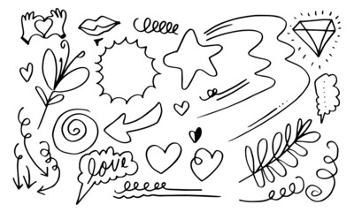 Hand drawn set elements, black on white background. Arrow, heart, love, star, leaf, sun, light, flower,Swishes, swoops, emphasis ,swirl, for concept design.