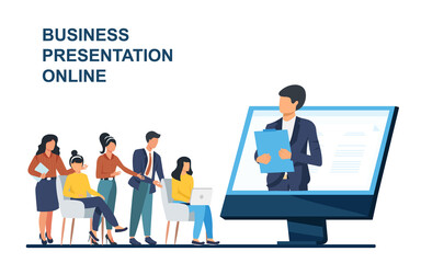 Online business conference, creative illustrations, businessmen, online joint meeting, team thinking and brainstorming, company information analytics vector, vector illustration