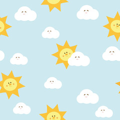 Cute seamless pattern with sun and clouds. Cartoon vector Illustration. It can be used for wallpapers, wrapping, cards, patterns for clothes and other