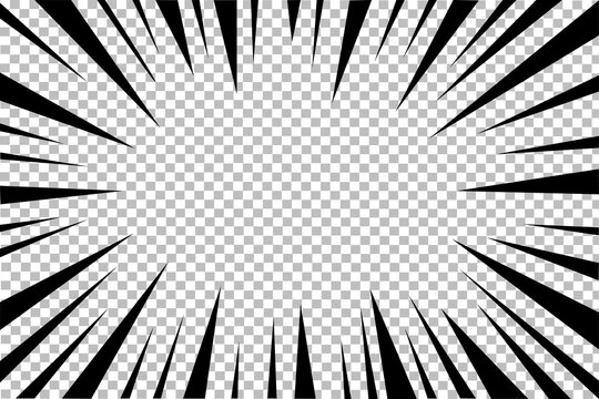 Comic manga.
Flash, explosion effect. Radial pattern made from sparks or rays. Flying at fast speed. Black stripes. Texture on a horizontal transparent background in cartoon style.
