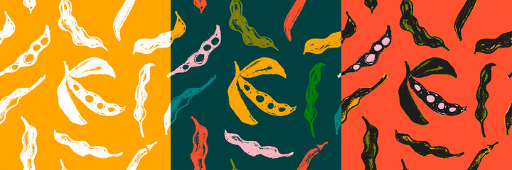 Vector Soybean pattern seamless. Hand-drawn soybean illustrations for Soy sauce label design. Whole pea pod drawings. Beans background. Vegan backdrop, vegetarian decoration. Organic food wallpaper.