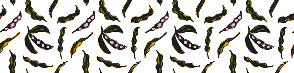 Vector Soybean pattern seamless. Hand-drawn soybean illustrations for Soy sauce label design. Whole pea pod drawings. Beans background. Vegan backdrop, vegetarian decoration. Organic food wallpaper.