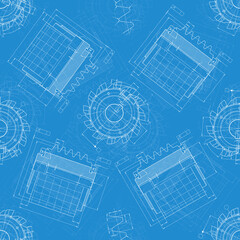 Mechanical engineering drawings on blue background. Cutting tools, milling cutter. Technical Design. Cover. Blueprint. Seamless pattern. Vector illustration.