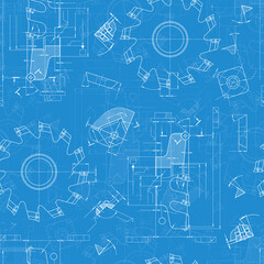 Mechanical engineering drawings on blue background. Cutting tools, milling cutter. Technical Design. Cover. Blueprint. Seamless pattern. Vector illustration.