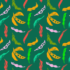 Fototapeta na wymiar Vector Soybean pattern seamless. Hand-drawn soybean illustrations for Soy sauce label design. Whole pea pod drawings. Beans background. Vegan backdrop, vegetarian decoration. Organic food wallpaper.
