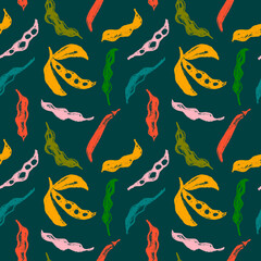 Vector Soybean pattern seamless. Hand-drawn soybean illustrations for Soy sauce label design. Whole pea pod drawings. Beans background. Vegan backdrop, vegetarian decoration. Organic food wallpaper.