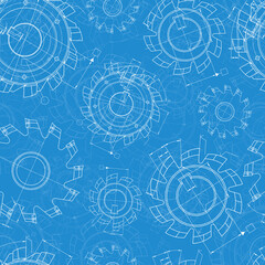 Mechanical engineering drawings on blue background. Cutting tools, milling cutter. Technical Design. Cover. Blueprint. Seamless pattern. Vector illustration.