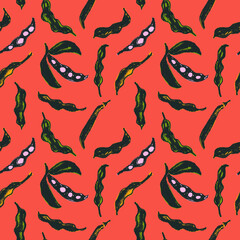 Vector Soybean pattern seamless. Hand-drawn soybean illustrations for Soy sauce label design. Whole pea pod drawings. Beans background. Vegan backdrop, vegetarian decoration. Organic food wallpaper.