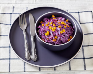 red cabbage corn salad with mayonnaise dressing