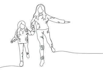 Happy people. Smiling mother and daughter are enjoying life. One continuous line drawing. Vector illustration