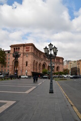 Fototapeta premium The building of the Marriott hotel. There is an inscription in Armenian and English on the facade of the building. 09 November 2021, Yerevan, Armenia.