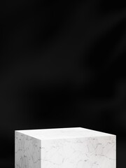 Minimal marble stage mock up. Square base. Pedestal or podium for display. Empty product stand. Black background stand. 3d render illustration