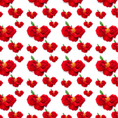 Pattern of flowers in the form of hearts from rose petals.