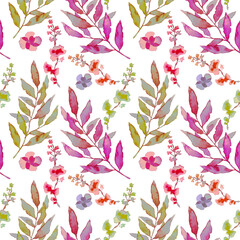 Floral spring watercolor background. Spring seamless pattern. Leaves and flowers in watercolor. Spring hand drawn watercolor background.