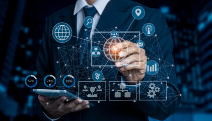 Business person hands working on modern business global network connection interface icons, Business economic financial and technology digital marketing concept.