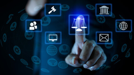 Concepts of Law and Legal services. Lawyer hand with law digital interface icons.	