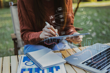 Business people hands working on network and digital finance marketing chart with future technology innovation and digital transformation concept.