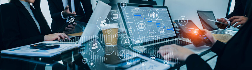 Business people hands working on network and digital finance marketing chart with future technology innovation and digital transformation concept.
