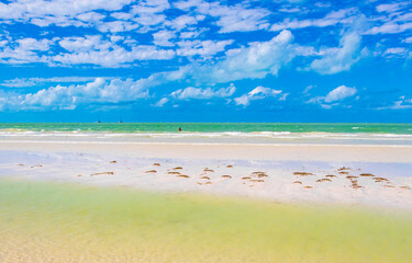 Beautiful Holbox island beach sandbank panorama turquoise water waves Mexico.