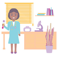 Scientist working in a laboratory. Doctor holding test tube with centrifuged blood. Science and health care concept. Vector illustration.