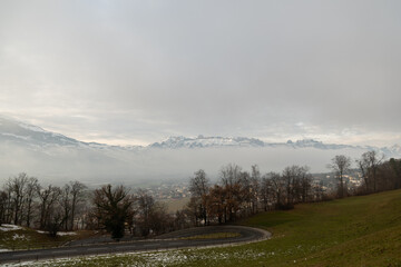 Vaduz, Liechtenstein, December 14, 2021 Foggy rhine valley in the afternoon
