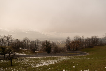 Vaduz, Liechtenstein, December 14, 2021 Foggy rhine valley in the afternoon