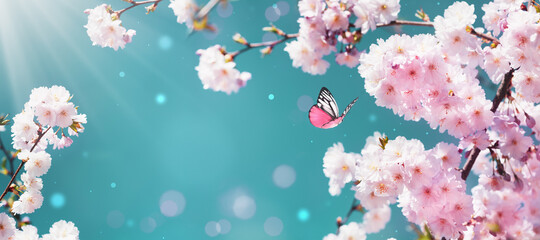 Blossoming branches of sakura with pink flowers against blue sky with flying butterfly on spring sunny day. Nature springtime landscape..