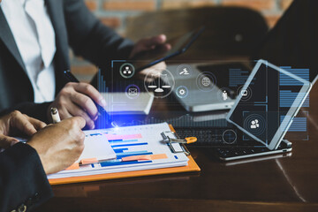 Group of Business people hands working on network and digital finance marketing chart with future technology innovation and digital transformation concept.