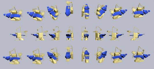 3d model set of dentist chair from different angles, 3d render of dental chair