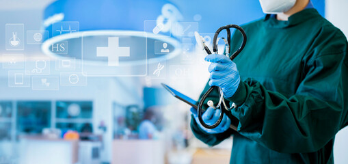 Medicine doctor using digital healthcare and network connection on hologram modern virtual screen...