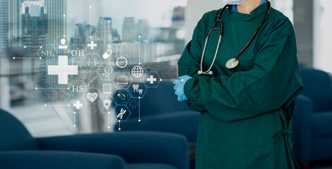 Medical technology and futuristic concept. Doctor with hologram modern virtual screen interface icons.	