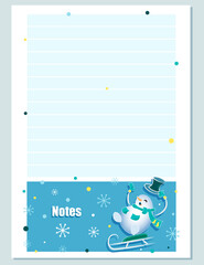 Snowman Notes. Weekly page. Planning. Childrens notepad note page design with funny character