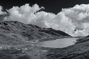Elephant Lake, named due to it's shape as a lying elephant, remote high altitude lake at kupup Valley, Sikkim. Himalayan mountain range, Sikkim, India