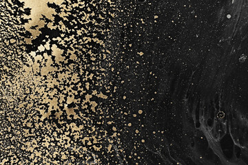 Fluid Art. Golden metallic particles and black waves. Marble effect background or texture