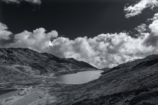 Elephant Lake, named due to it's shape as a lying elephant, remote high altitude lake at kupup Valley, Sikkim. Himalayan mountain range, Sikkim, India - black and white image