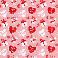 San Valentine's Day. Gifts, cupcake, gift boxes.  Wedding. Love. Celebration. Seamless pattern for fabric, wrapping, textile, wallpaper, apparel. Vector.