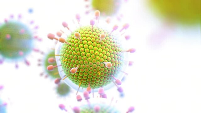 Paramyxovirus mumps, COVID pandemic, Close-up of virus under microscope. Realistic high quality medical 3d animation.