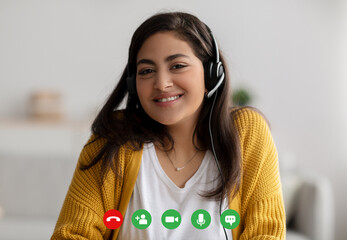 Headshot portrait screen view of happy arab woman making video call, meeting online using webcam...