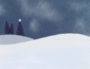 Winter landscape scene with snow, trees and star. Winter scene hand drawn illustration background with copy space.