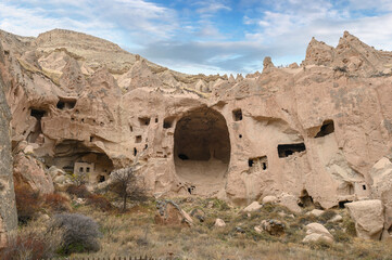 Zelve Valley in Goreme, Cappadocia, Turkey. Cave town and houses at rock formations.	