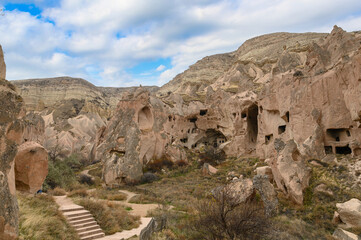 Fototapeta premium Zelve Valley in Goreme, Cappadocia, Turkey. Cave town and houses at rock formations. 