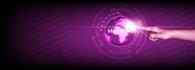 Metaverse, VR glasses, GameFi, defi, Blockchain Technology Concept. Hand touch world Metaverse in binary code background, Experiences digital technology game control sport 3D cyber space futuristic.