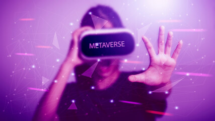 Metaverse, VR glasses, GameFi, defi, Blockchain Technology Concept. Person with virtual reality VR...