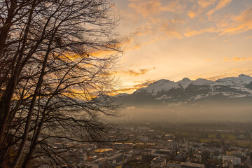 Vaduz, Liechtenstein, December 14, 2021 View over the city center after sunset