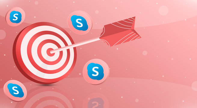 Red target with an arrow in the top ten with skype logo icons around 3d