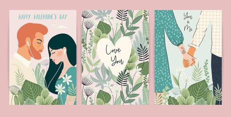 Set of Romantic illustrations. Man and woman. Love, love story, relationship. Vector Valentines Day