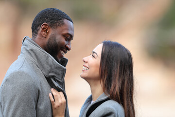 Happy interracial couple flirting in love in winter