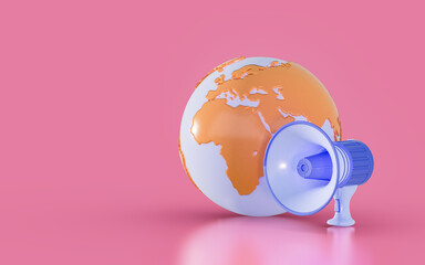 megaphone and globe map icon on pink background 3d render concept for Global announcement
